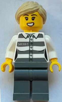 Police - Jail Prisoner 50382 Prison Stripes, Female, Dark Bluish Gray Legs, Open Mouth, Tan Ponytail (cty1595)