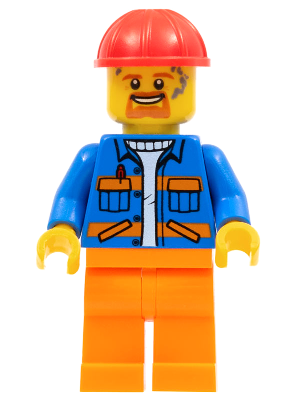 Blue Jacket with Diagonal Lower Pockets and Orange Stripes, Orange Legs, Red Construction Helmet (cty1161)