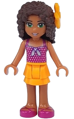 Friends Andrea - Bright Light Orange Layered Skirt, Magenta Top with White Polka Dots and Bow, Bright Light Orange Flower (frnd0208)
