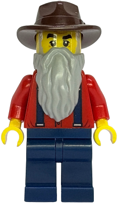 Gold Mine Prospector - Male, Red Shirt with Tan Tie, Dark Blue Legs, Dark Brown Fedora, Light Bluish Gray Beard (bdp298)