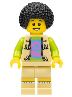 Musician - Male, Vest with Fringe over Lime Top with Pink and Blue Swirl, Black Bushy Hair (Minifigure Only) (col260)