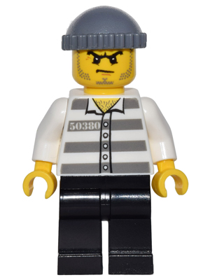 Police - Jail Prisoner 50380 Prison Stripes, Black Legs, Dark Bluish Gray Knit Cap, Beard Stubble and Scowl (game009)