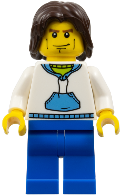 White Hoodie with Medium Blue Pocket, Blue Legs, Dark Brown Mid-Length Tousled Hair (cty0190)