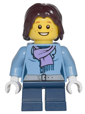 Medium Blue Jacket with Light Purple Scarf, Dark Blue Short Legs, Dark Brown Mid-Length Tousled Hair (cty0331)