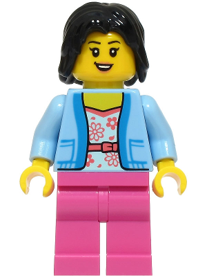 Passenger - Female, Bright Light Blue Jacket over White Shirt with Coral Flowers, Dark Pink Legs, Black Hair (cty1929)