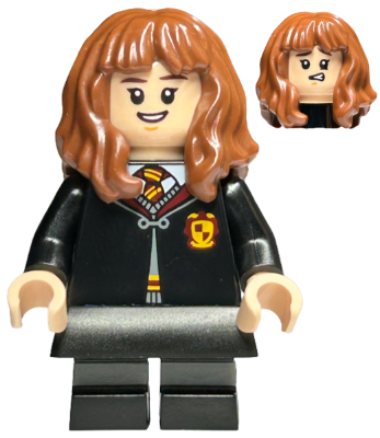 Hermione Granger - Gryffindor Robe Clasped, Black Skirt, Black Short Legs with Dark Bluish Gray Stripes, Open Mouth Smile / Confused (hp439)