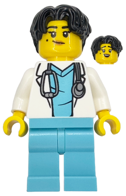 Doctor - Female, White Lab Coat with Stethoscope, Medium Azure Scrubs, Black Hair (cty1917)