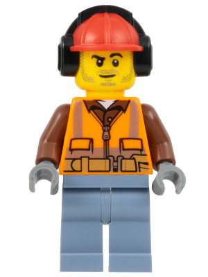 Construction Worker - Male, Orange Safety Vest, Reflective Stripes, Reddish Brown Shirt, Sand Blue Legs, Red Construction Helmet with Black Ear Protectors / Headphones, Stubble (cty0955)
