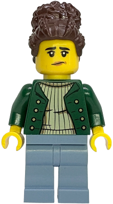 Gold Mine Worker - Female, Dark Green Open Jacket, Sand Blue Legs, Dark Brown Coiled Hair with Bun (bdp304)