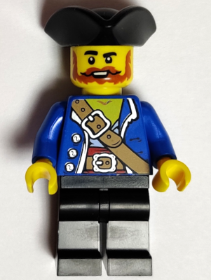 Pirate - Male, Black Tricorne, Dark Orange Beard and Moustache, Blue Open Coat, Medium Nougat Belt, Black Legs (pi197)