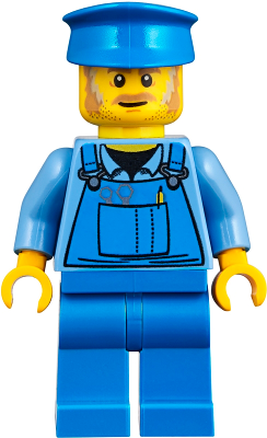Mechanic - Male, Blue Overalls over Medium Blue Shirt, Blue Legs, Blue Police Hat, Dark Tan Moustache and Sideburns, No Back Print (twn361)