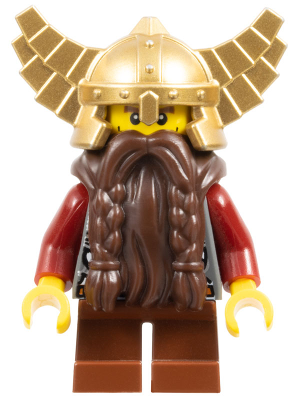 Fantasy Era - Dwarf, Dark Brown Beard, Metallic Gold Helmet with Wings, Dark Red Arms, Vertical Cheek Lines (cas394)