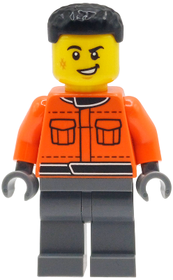 Formula 1 Pit Crew Member - Male, Reddish Orange Racing Suit with Pockets, Dark Bluish Gray Legs, Black Hair, Scuff Mark (cty2001)