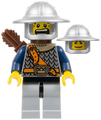 Fantasy Era - Crown Knight Scale Mail with Chest Strap, Helmet with Broad Brim, Dual Sided Head, Light Bluish Gray Legs, Quiver (cas374)