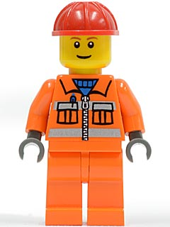 Construction Worker - Orange Zipper, Safety Stripes, Orange Arms, Orange Legs, Red Construction Helmet, Brown Eyebrows, Thin Grin (cty0031)