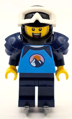 Ice Hockey Player - Male, Dark Azure and Dark Blue Shirt with Mountains, Dark Blue Legs and Shoulder Pads, Black Helmet, White Goggles, Ice Skates (cty1682)