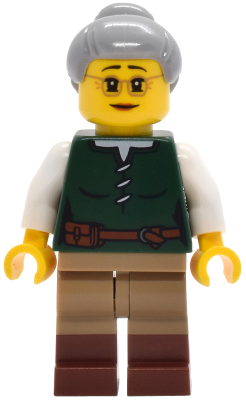 Riverside Scholars - Female, Dark Green Laced Shirt, Dark Tan Legs with Molded Reddish Brown Boots, Light Bluish Gray Hair with Top Knot Bun (bdp188)