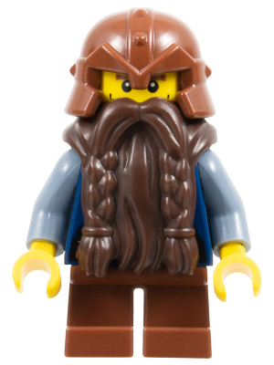 Fantasy Era - Dwarf, Dark Brown Beard, Reddish Brown Helmet with Studded Bands, Sand Blue Arms, Vertical Cheek Lines (cas355a)