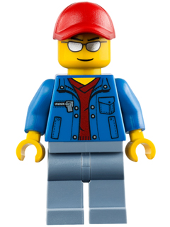 Blue Jacket over Dark Red V-Neck Sweater, Sand Blue Legs, Red Cap with Hole, Silver Sunglasses (cty0461)