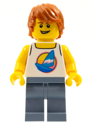 Surfer - Male, White Tank Top with Dark Azure Sailboat, Sand Blue Legs, Dark Orange Tousled Hair (cty1149)