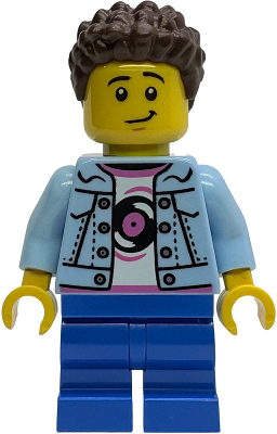 Child - Boy, Grandson, Bright Light Blue Denim Jacket over Shirt with Record, Blue Medium Legs, Dark Brown Coiled Short Hair (idea244)