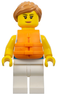 Sailor - Female, Dark Azure and White Striped Shirt with Red Scarf, White Legs, Medium Nougat Ponytail, Orange Life Jacket (idea098)