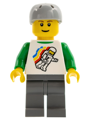 Classic Space Minifigure Floating Pattern, Dark Bluish Gray Legs, Sports Helmet (twn113)