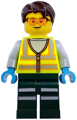 Service Truck Driver - Male, Neon Yellow Safety Vest with Reflective Stripes, Dark Green Legs with Reflective Stripes, Dark Brown Hair (cty1973)