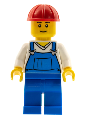 Overalls Blue over V-Neck Shirt, Blue Legs, Red Construction Helmet (cty0340)