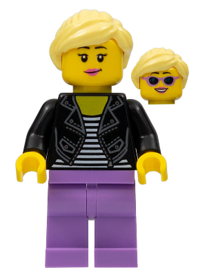 Woman, Black Leather Jacket, Medium Lavender Legs, Bright Light Yellow Hair (idea081)