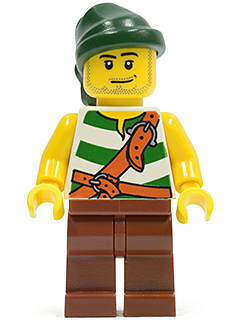 Pirate Green / White Stripes, Reddish Brown Legs, Dark Green Bandana, Smirk and Stubble Beard (pi094)
