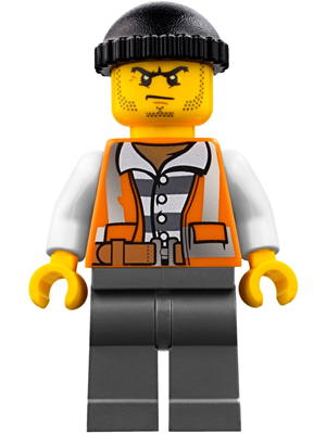 Police - City Bandit Crook Orange Vest, Dark Bluish Gray Legs, Black Knit Cap, Beard Stubble and Scowl (cty0779)