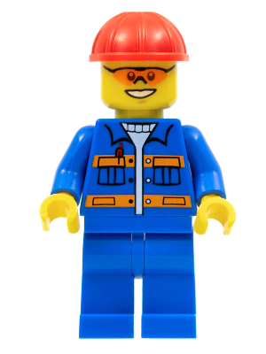Blue Jacket with Pockets and Orange Stripes, Blue Legs, Red Construction Helmet, Orange Sunglasses (con010)