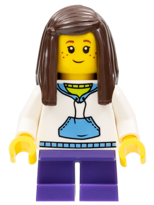 Child - Girl, White Hoodie with Medium Blue Pocket, Dark Purple Short Legs, Dark Brown Long Hair, Freckles (twn266)