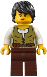 Medieval Seaside Market Snake Charmer - Female, Vest over White Shirt, Dark Brown Legs, Black Hair (bdp181)