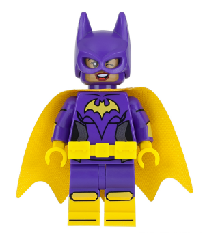 Batgirl - Minifigure, Dark Purple Suit, Yellow Cape, Wink and Open Mouth Smile / Angry (sh0419)