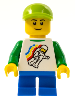 Classic Space Minifigure Floating Pattern, Blue Short Legs, Lime Short Bill Cap, Black Eyebrows (twn131a)