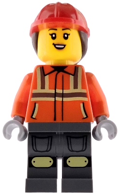 Construction Worker - Female, Reddish Orange Safety Jacket with Reflective Stripes, Dark Bluish Gray Legs, Red Construction Helmet with Dark Brown Ponytail Hair, Open Mouth Smile with Top Teeth (cty1972)