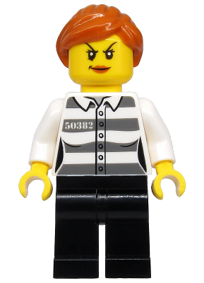 Police - Jail Prisoner 50382 Prison Stripes, Female, Black Legs, Scowl with Dark Orange Lips, Orange Ponytail (cty1129)