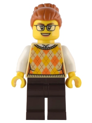 Santa's Toys and Games Store Owner - Female, Tan Knit Argyle Sweater Vest, Dark Brown Legs, Dark Orange Hair with Bun, Glasses (hol291)