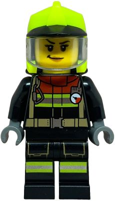 Fire Truck Soapbox Race Car Driver (Firefighter) - Female, Black Jacket and Legs with Reflective Stripes and Red Collar, Neon Yellow Fire Helmet, Trans-Clear Visor (cty1843)