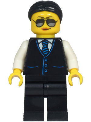 Limousine Driver - Female, Black Vest with Blue Striped Tie, Black Legs, Black Hair, Sunglasses and Medium Nougat Lips (cty1212)