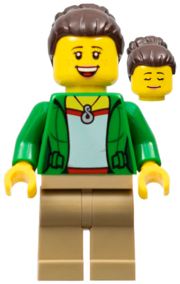Mom - Green Female Jacket Open with Necklace, Dark Tan Legs, Dark Brown Hair Female Large High Bun (twn301)