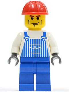 Overalls Striped Blue with Pocket, Blue Legs, Red Construction Helmet, Cheek Lines, Dark Bluish Gray Hands (ovr031)