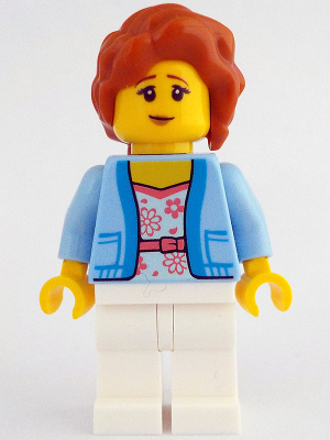 Woman - Bright Light Blue Jacket over White Shirt with Coral Flowers, White Legs, Dark Orange Hair with Braid (idea206)