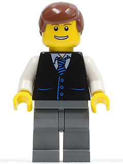 Black Vest with Blue Striped Tie, Dark Bluish Gray Legs, White Arms, Reddish Brown Male Hair (twn108)