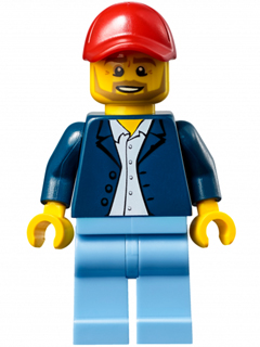Race Official - Male, Dark Blue Blazer over White Button Down Shirt, Medium Blue Legs, Red Cap with Hole, Beard (sc026)