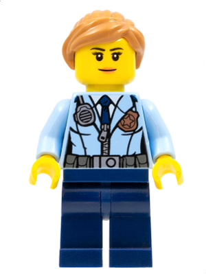 Police - City Officer Female, Jacket with Dark Blue Tie, Radio and Gold Badge, Dark Blue Legs, Medium Nougat Ponytail and Swept Sideways Fringe (cty0620)