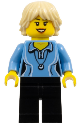 Medium Blue Female Shirt with Two Buttons and Shell Pendant, Black Legs, Tan Tousled and Layered Hair (cty0355)