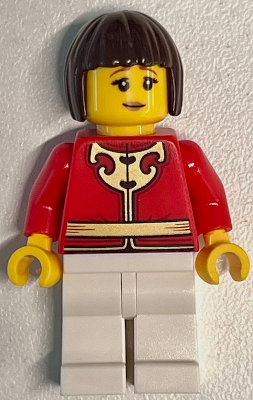 Woman - Red Tang Jacket with Gold Chinese Scrollwork, White Legs, Dark Brown Hair (hol416)